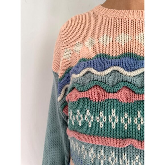 80s vintage pink blue pastel striped textured grandma cottage ugly knit sweater - Picture 6 of 8